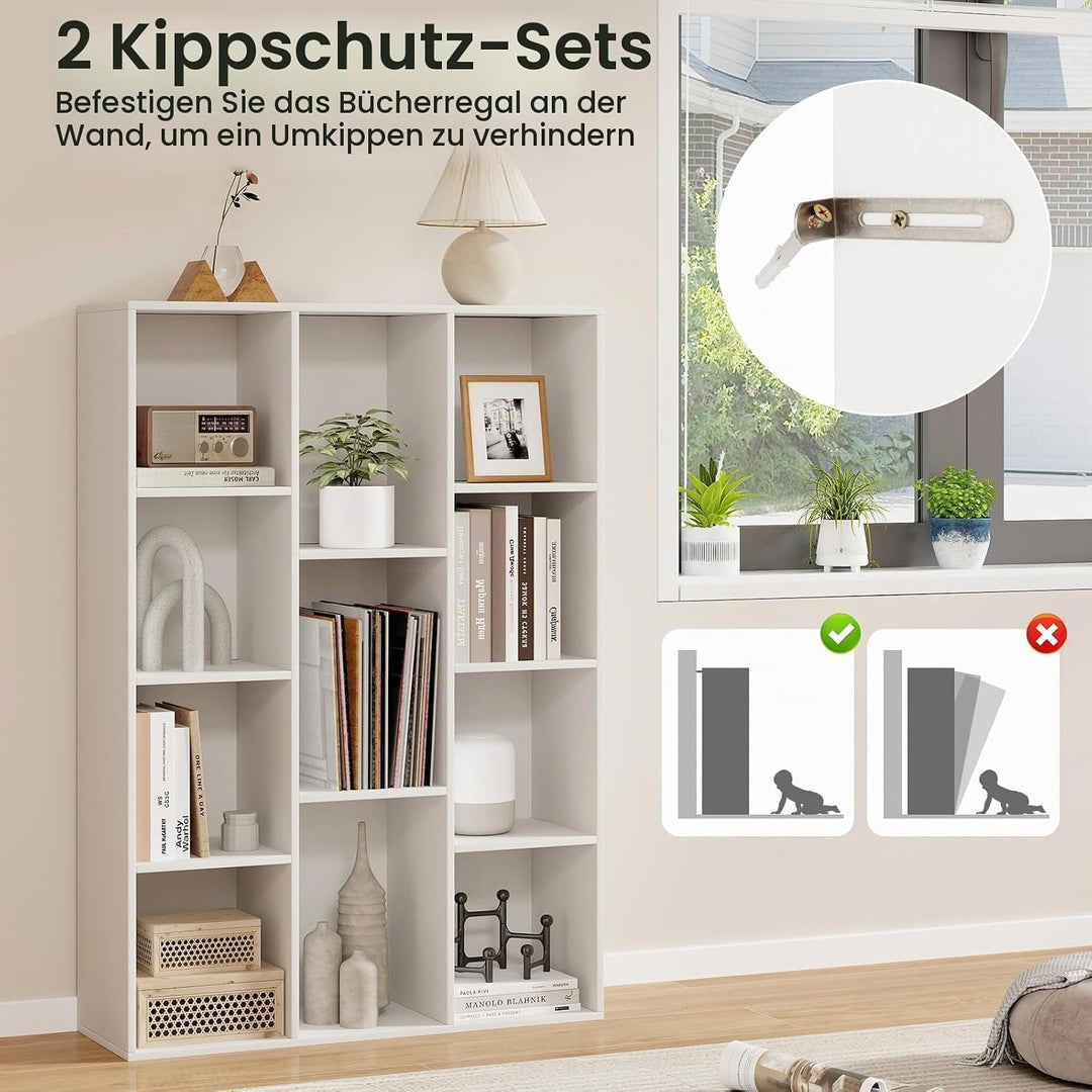 GIANTEX Bücherregal mit 11 Fächern, Standregal mit 2 Anti-Kipp-Kits, Aufbewahrungsregal aus Holz, 74