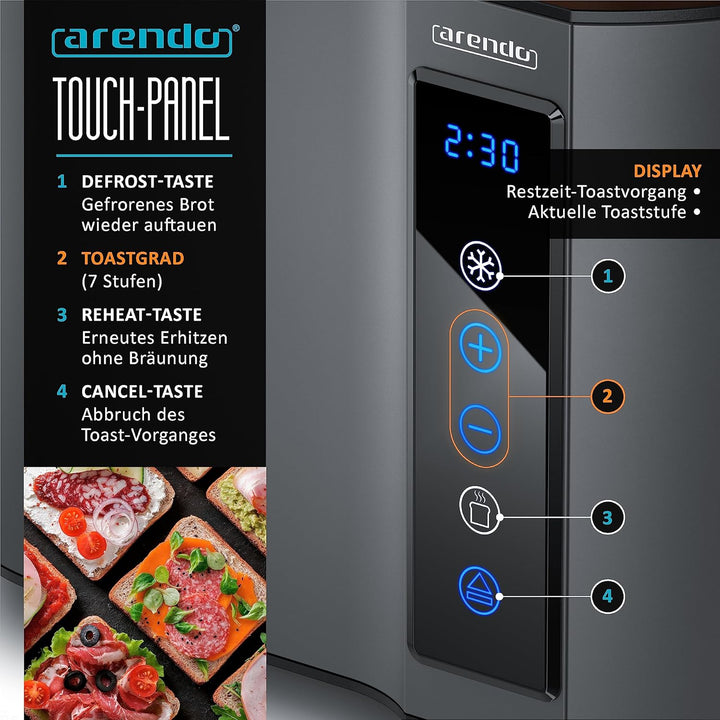 Arendo - Touch Toaster 2 Scheiben Edelstahl - Touchpanel - digital Display Restzeitanzeige - 800 W –