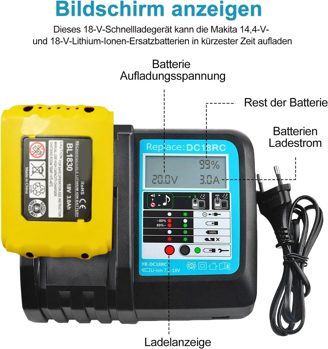 Akku 18v Ladegerät DC18RC Schnellladegerät Kompatibel mit Makita 14,4 Volt und 18 Volt Li-Ion Ersatz