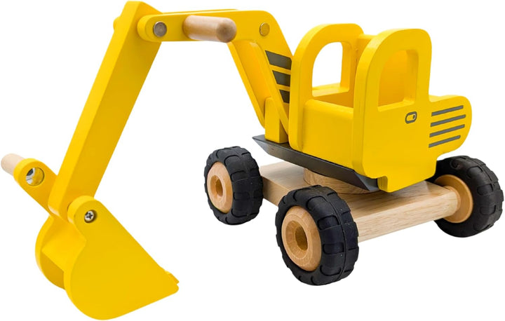 goki 55898 - Bagger aus Massivholz, Robustes Baufahrzeug mit beweglicher Schaufel und Gummireifen, g