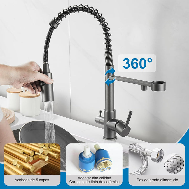 3 Wege Wasserhahn Küche, Ausziehbar Küchenarmatur, Spültischarmatur aus Messing, 3 in 1 Mischbatteri