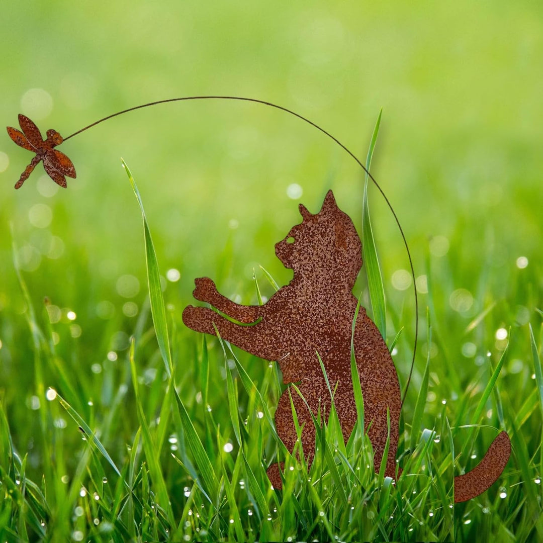 Crispe home & garden Gartenstecker Edelrost - Katze mit Libelle - Höhe 58 cm Katze mit Schmetterling