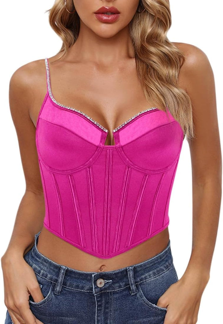 Naimo Damen Seide Satin Top Strass Korsett Bustier Cami Sexy Ärmellos Spaghettiträger Crop Tank Top