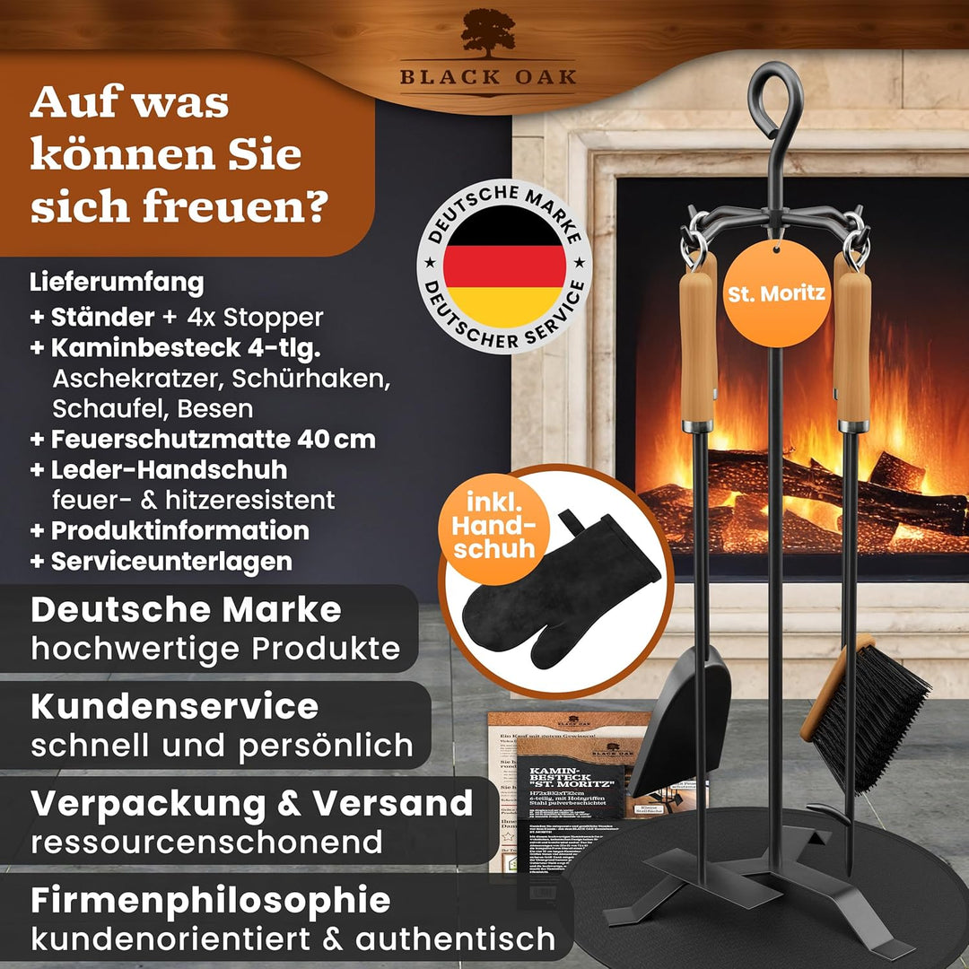 BLACK OAK Kaminbesteck ST. MORITZ 6-teilig mit Lederhandschuh - wohnliches & dekoratives Ofenbesteck