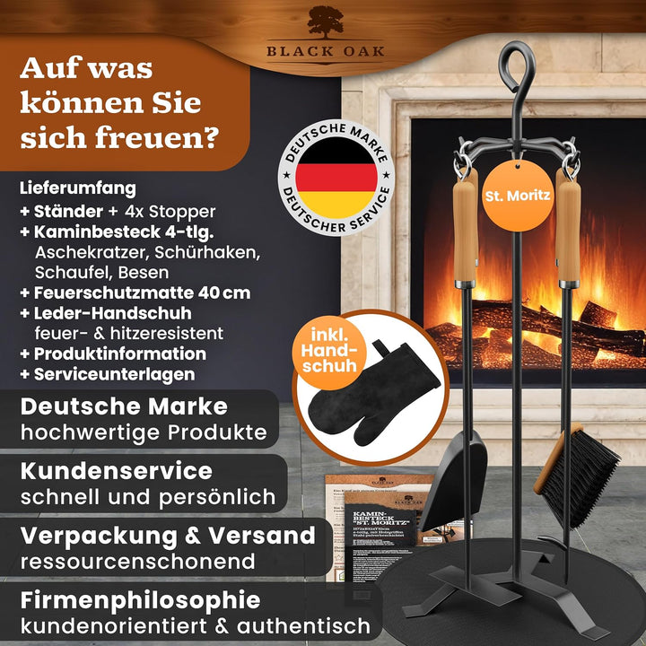 BLACK OAK Kaminbesteck ST. MORITZ 6-teilig mit Lederhandschuh - wohnliches & dekoratives Ofenbesteck