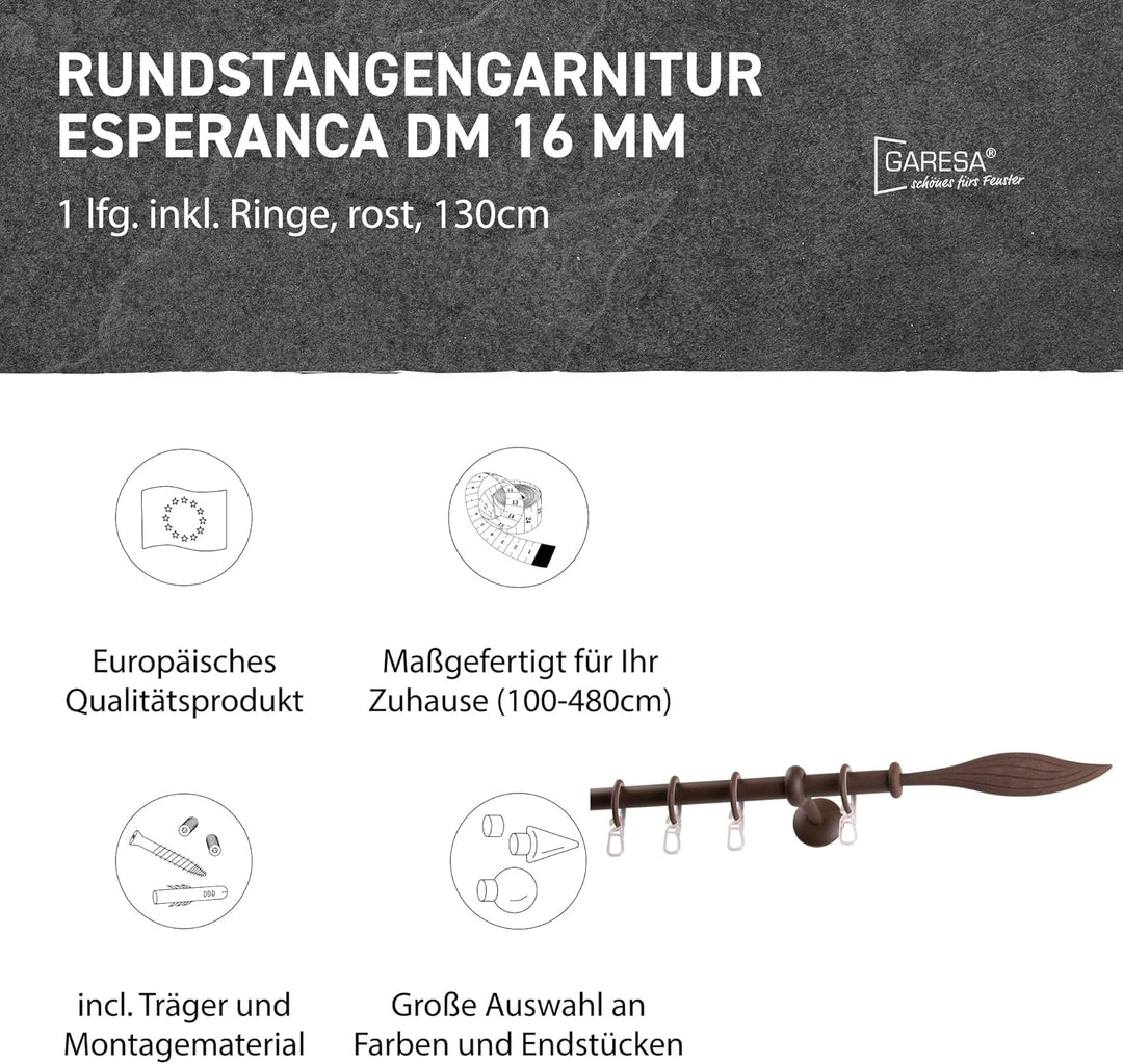 Garesa Gardinenstange Esperanca Ø 16mm, 1-läufig, Rost I Rustikale Vorhangstange inkl. Ringe + Falte