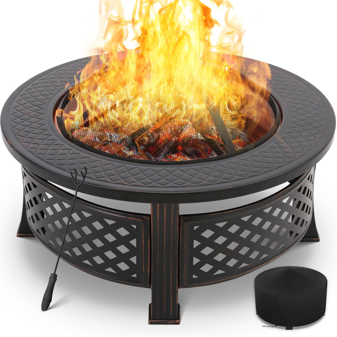 Runde Feuerschale mit Funkenschutz 80,5cm, Garten Feuerkorb Multifunktionale Feuerstelle, mit Schutz