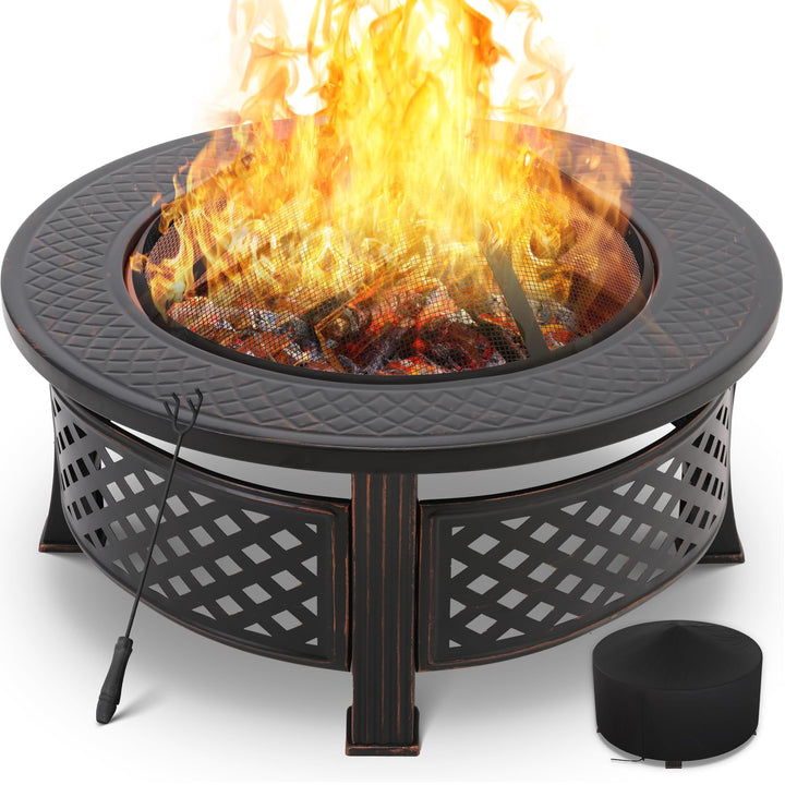 Runde Feuerschale mit Funkenschutz 80,5cm, Garten Feuerkorb Multifunktionale Feuerstelle, mit Schutz