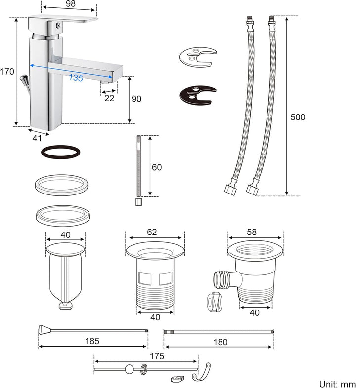 Wasserhahn Bad mit Zugstangen-Ablauf, Waschtischarmatur Einhebelmischer mit Auslauf Höhe 90 mm, Bada