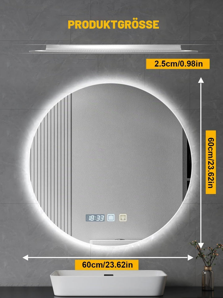 600mm Badspiegel mit Beleuchtung Dimmbar | Badezimmerspiegel mit Touch-Schalter Antibeschlag Timerfu