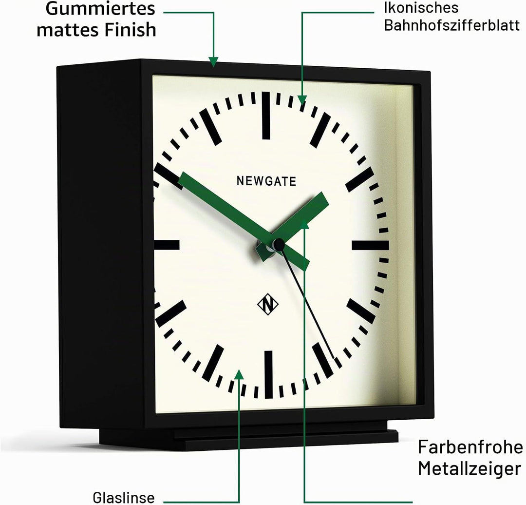 NEWGATE® Amp Schreibtischuhr | Design quadratischer stationsuhr | Schwarzes gehäuse mit grünen hände