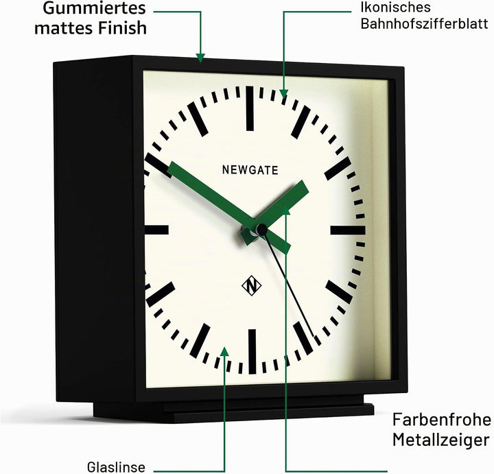 NEWGATE® Amp Schreibtischuhr | Design quadratischer stationsuhr | Schwarzes gehäuse mit grünen hände