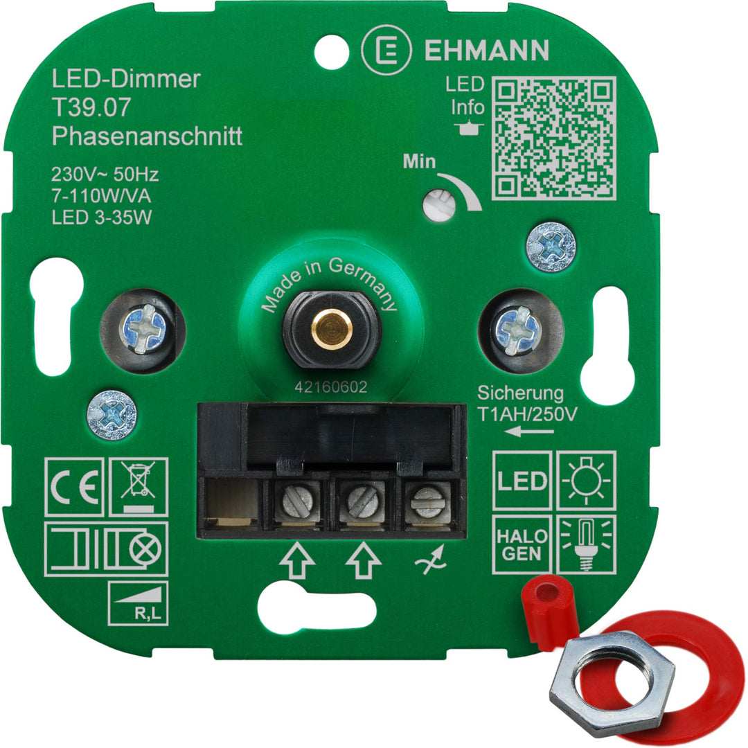 Ehmann LED Unterputz-Dimmer, Phasenanschnitt, 230 V, 50 Hz, Leistung: LED 3-35 W, 7-110 W/VA, inkl.
