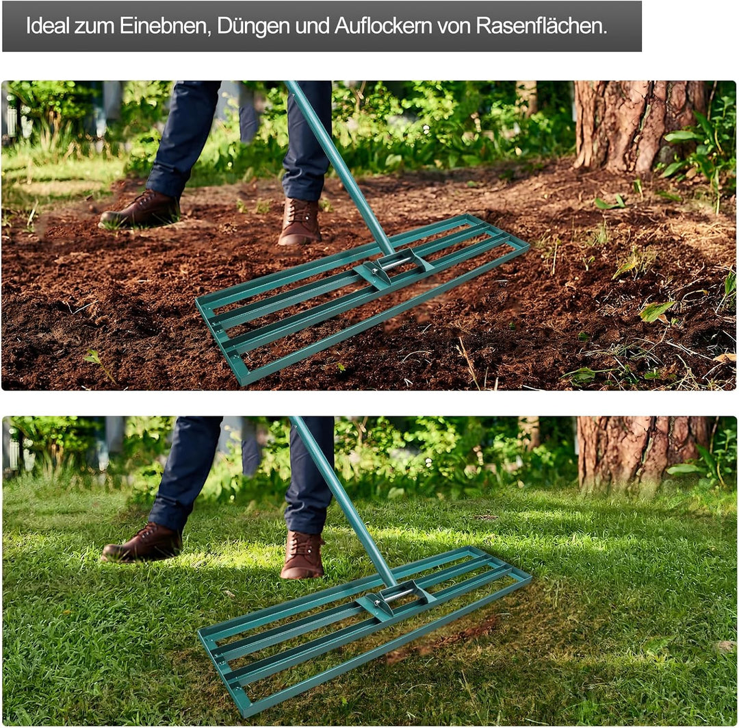 Rasen Nivellierungsrechen, 91x 25 cm Rasenwerkzeug Rakel mit 186cm Verstellbarer Stiel, Garten Level