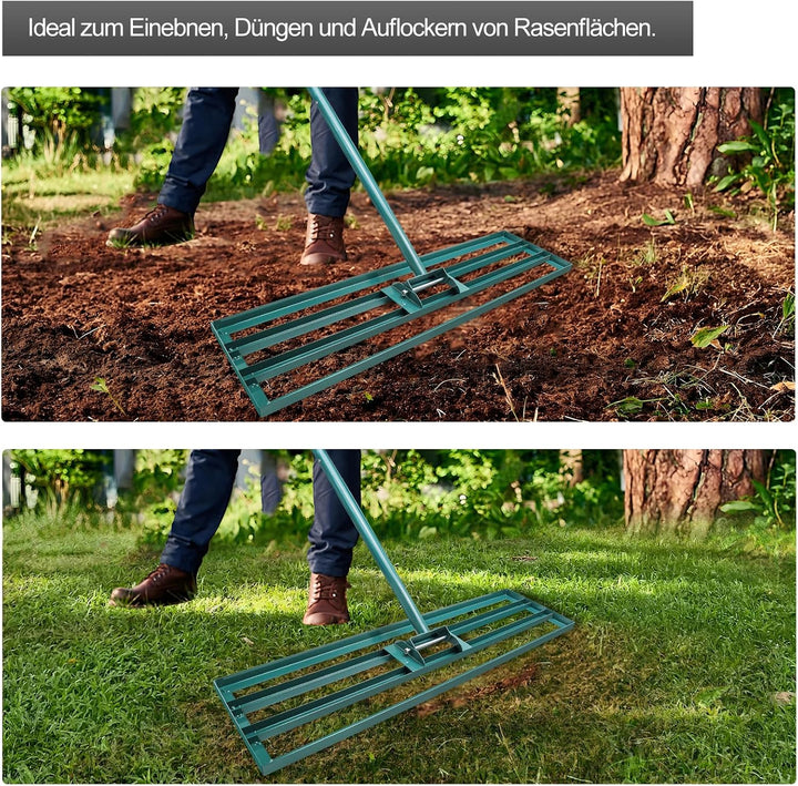 Rasen Nivellierungsrechen, 91x 25 cm Rasenwerkzeug Rakel mit 186cm Verstellbarer Stiel, Garten Level