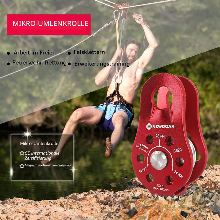 NewDoar CE-Zertifizierter 28KN Mikro Seilrolle Umlenkrolle für Seile mit max. Durchmesser bis 12 mm