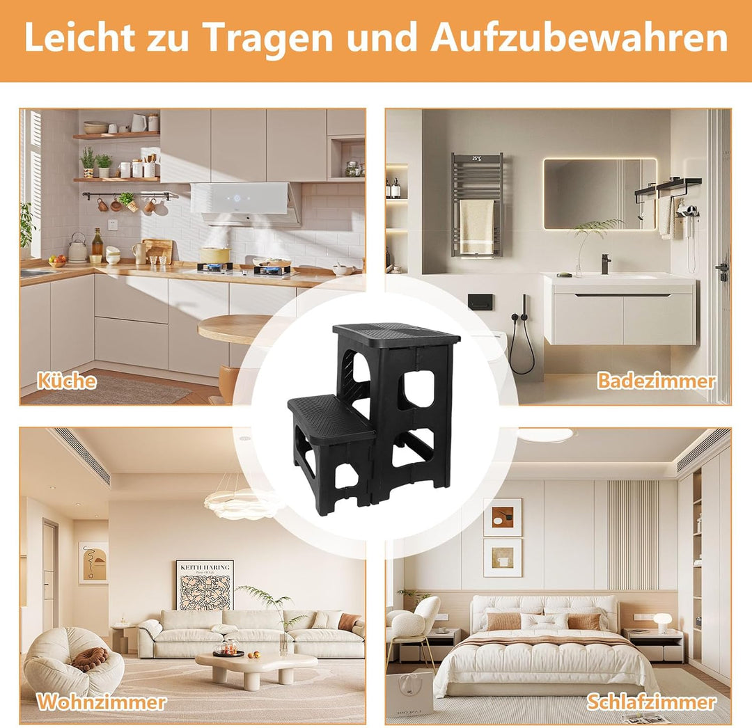 2 Stufen Tritthocker Klappbar, Klapphocker für Kinder & Erwachsene, Tragfähigkeit 300 LBS, Tragbaren