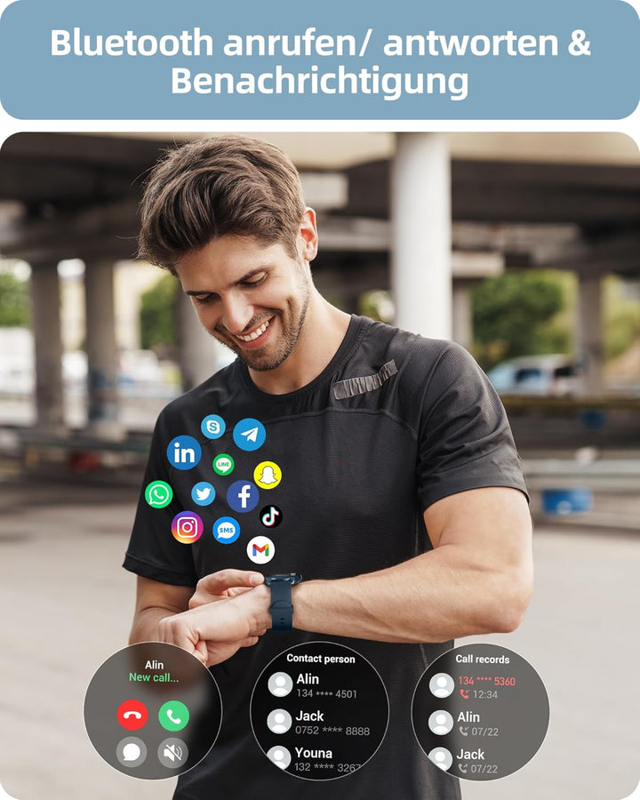 Parsonver Smartwatch Herren Rund mit Telefonfunktion, Fitnessuhr Damen Herren mit 100+ Sportmodi, He