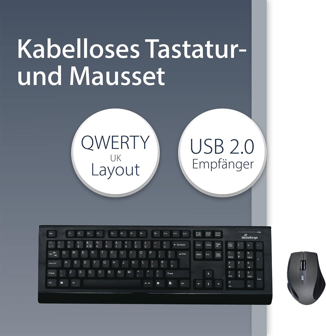 MediaRange kabelloses Funk-Tastatur und 5 Tasten Funk-Maus Set, QWERTY (englisch/UK) Layout, PC Tast