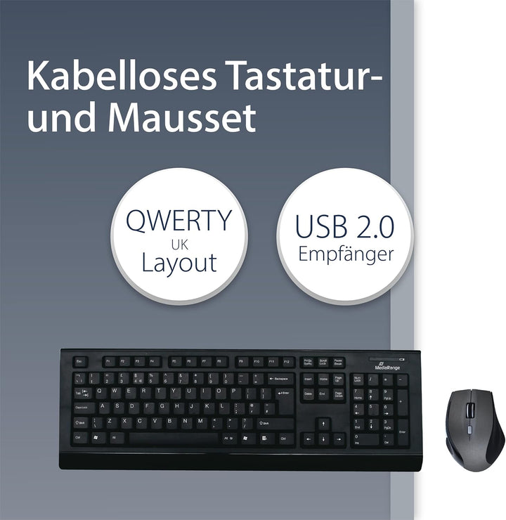 MediaRange kabelloses Funk-Tastatur und 5 Tasten Funk-Maus Set, QWERTY (englisch/UK) Layout, PC Tast