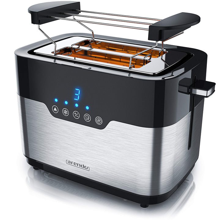 Arendo - Toaster 2 Scheiben Edelstahl - Touchdisplay – mit Brötchenaufsatz - extra breite Schlitze –