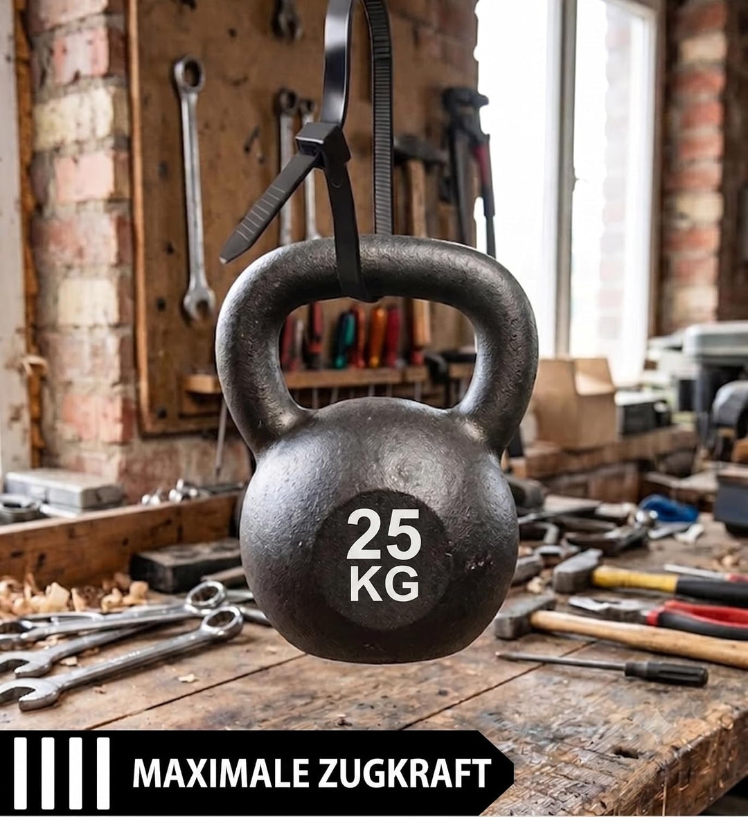 Kabelbinder 200mm Schwarz (1000 Stück) | 200mm x 4,8mm - 25kg Zugkraft | Kabelbinder uv beständig |