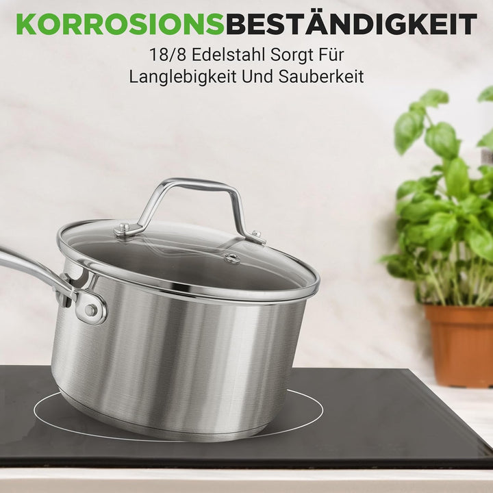 NutriChef Stielkasserolle, 16cm/2L, Antihaftbeschichtet mit Glasdeckel, für Induktion, Alle Herdarte