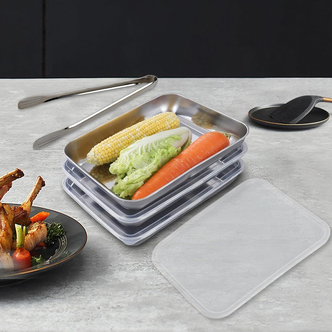 Brotschalen Edelstahl 3er Set Rechteckig GN Behälter mit Deckel 25,5 x 20 x 5 cm für Schnitzel, Flei