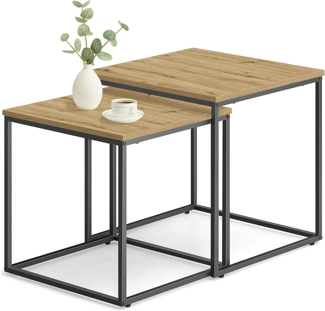 Couchtisch 50x50 cm, 2er Set quadratisch in Artisan-Eichenoptik, Schwarze Metallbeine, Industrial De
