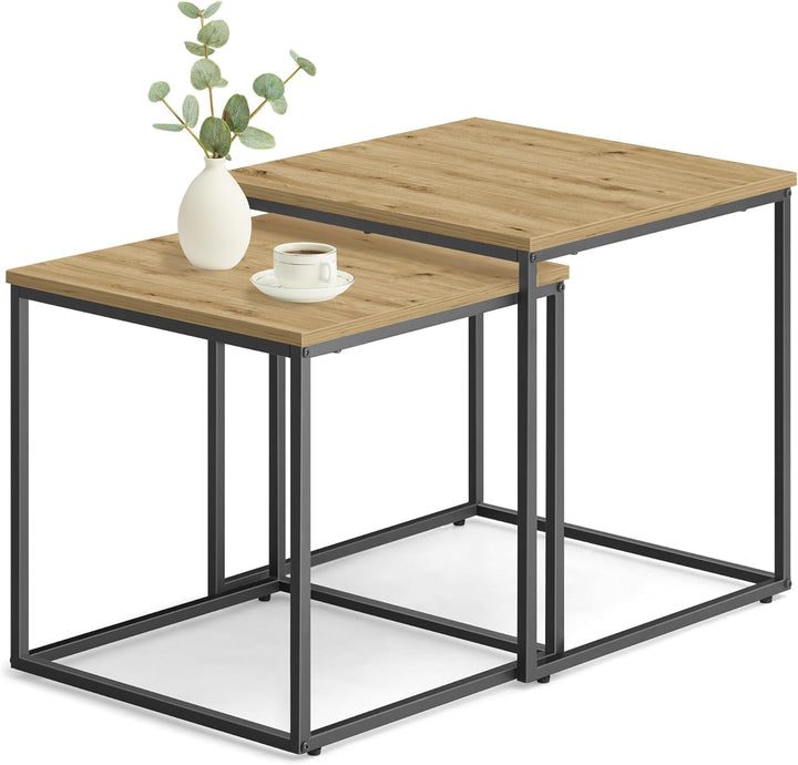 Couchtisch 50x50 cm, 2er Set quadratisch in Artisan-Eichenoptik, Schwarze Metallbeine, Industrial De