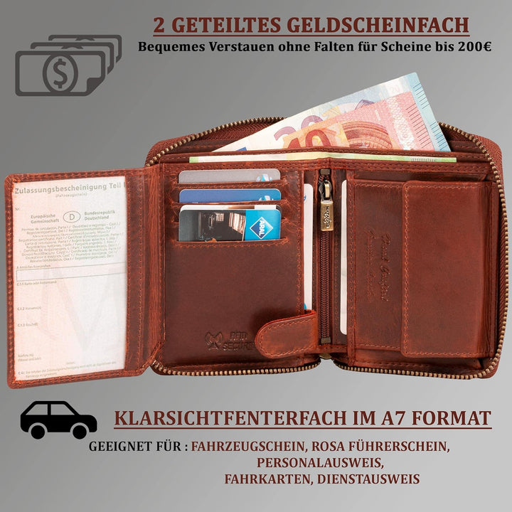 MATADOR Geldbörse Portmonee Geldbeutel Damen Leder mit YKK Metall Reissverschluss | Portemonnaie Gel