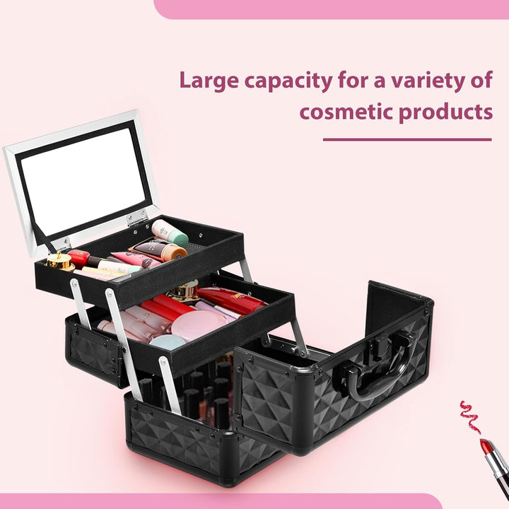 HOMASIS Kosmetikkoffer mit Spiegel, Mini Schminkkoffer mit 3 Ebenen, tragbarer Beauty Case mit Griff