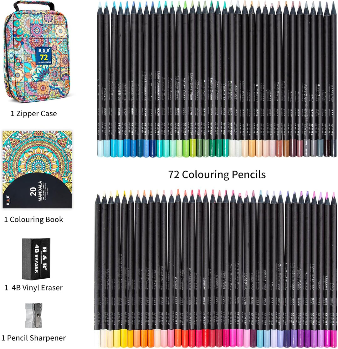 H &amp; B Schwarze Ausgabe Buntstifte mit Malbuch für Erwachsene,72 Buntstifte Set,Malstifte für Erwachs