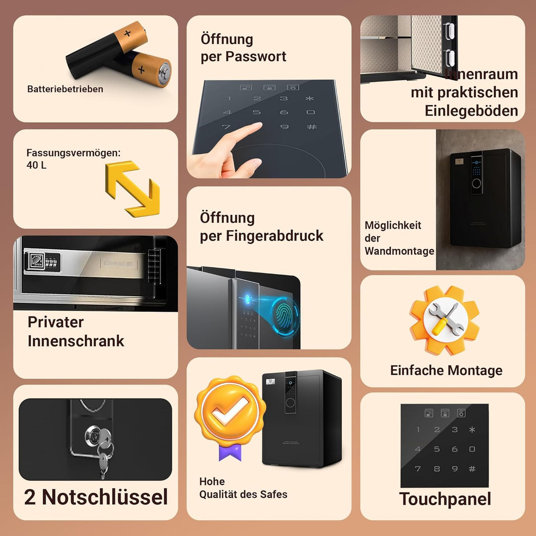 EXTRALINK - Elektronischer Tresor Für Zuhause, Safe Tresor Mit Touchscreen, Code & Fingerabdruck, Al