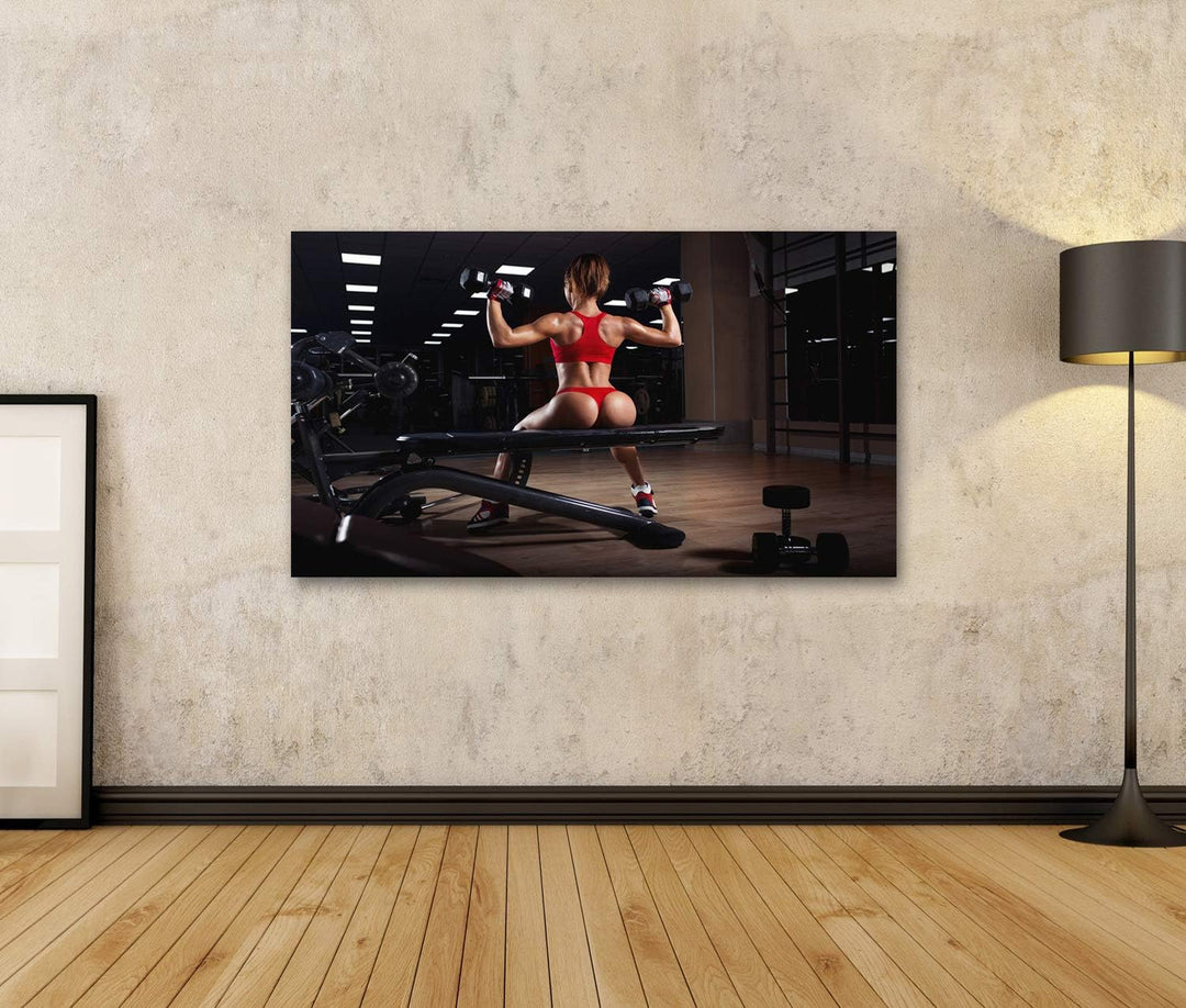 islandburner Bild auf Leinwand Sexy Young Fitness Girl Doing Dumbbells Shoulders Press Woman Red Shr