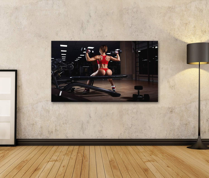 islandburner Bild auf Leinwand Sexy Young Fitness Girl Doing Dumbbells Shoulders Press Woman Red Shr