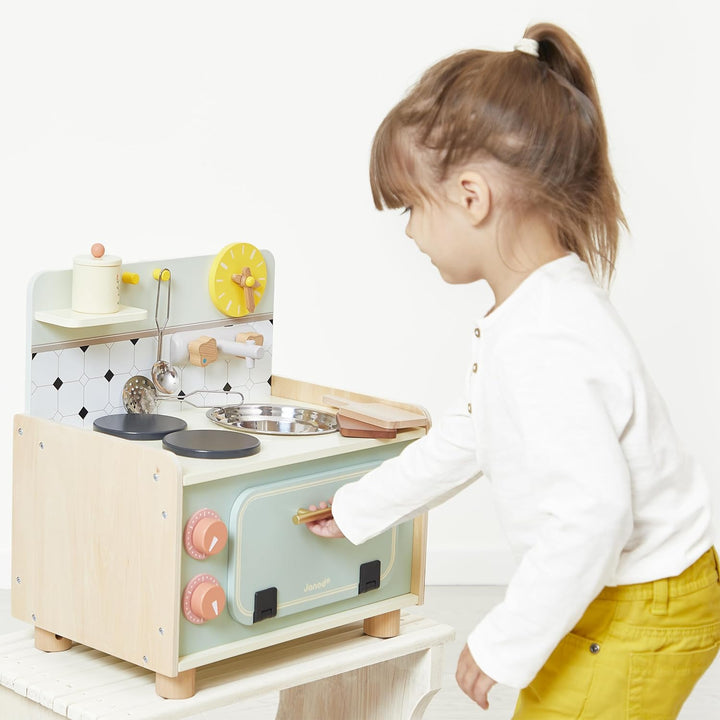Janod - Holzküchenzeile für Kinder - Kleine Kinderküche - Ausgestattet mit Backofen, Spüle und 10 Zu
