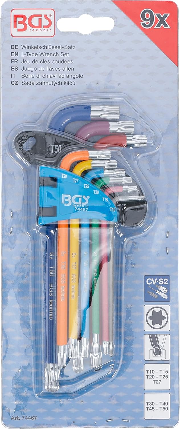 BGS 74467 | Winkelschlüssel-Satz | Multicolour | T-Profil (für Torx) mit Kugelkopf T10 - T50 | 9-tlg