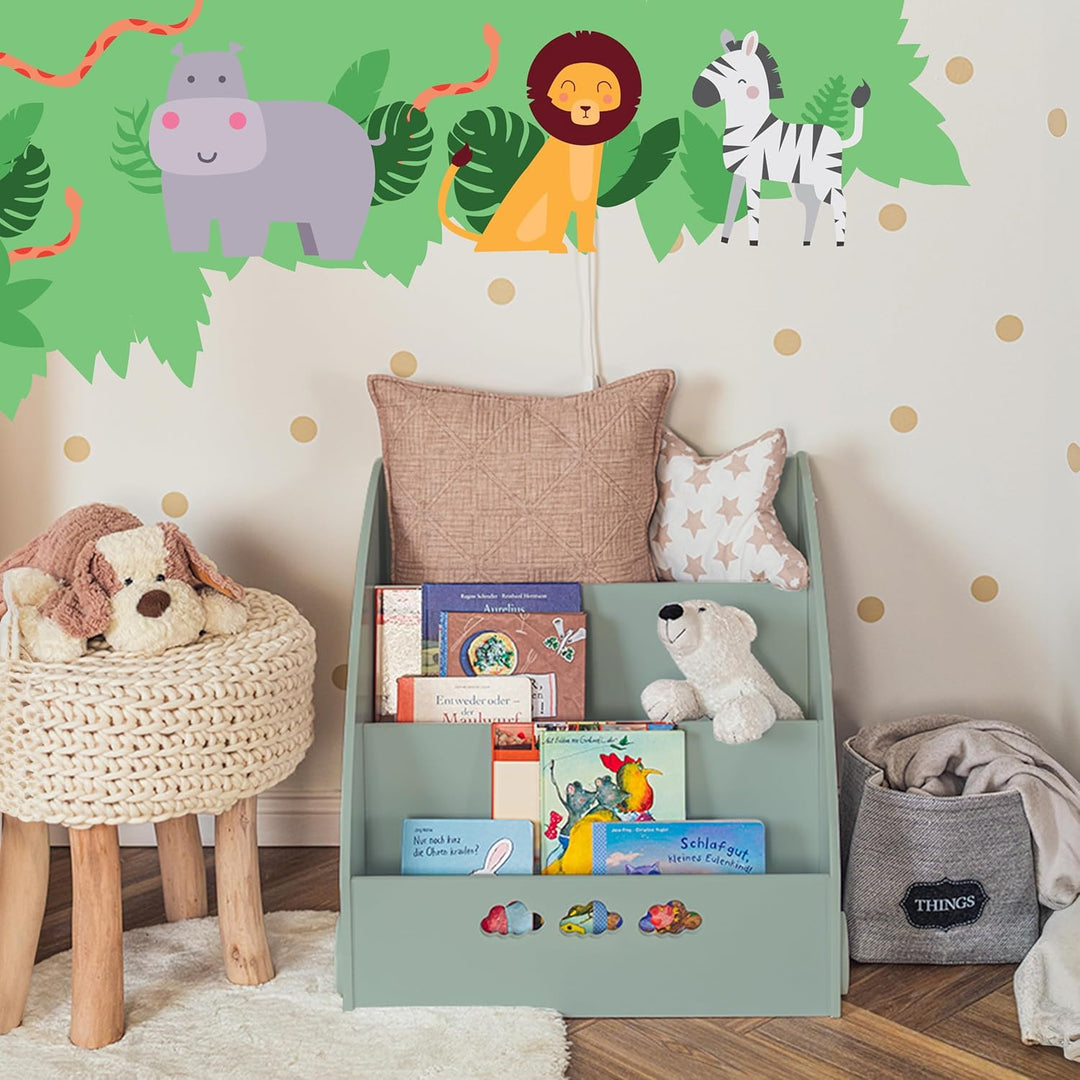 KHG Bücher-Standregal grün für Kinder mit 3 offenen Fächern, freistehendes Kinderregal für Bücher un