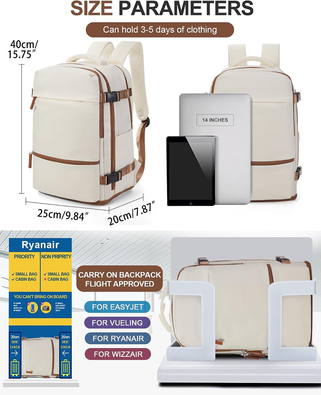 BJLFS Rucksack Handgepäck Flugzeug 40x30x20 Damen Reiserucksack Ryanair Handgepäck 40x20x25 Vakuum W