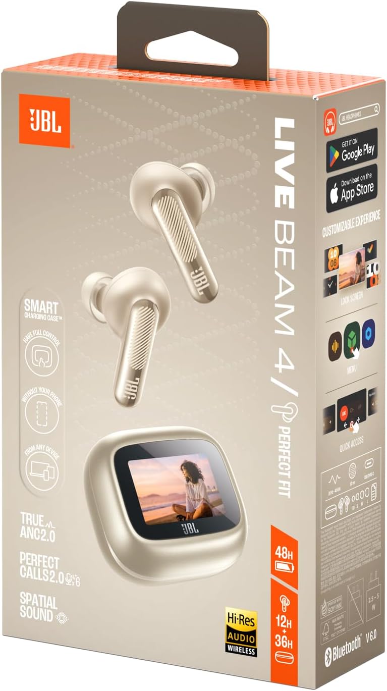 JBL Live Beam 4, Kabellose Noise-Cancelling-Ohrhörer, Champagner | Hi-Res Audio, Smart Charging Case