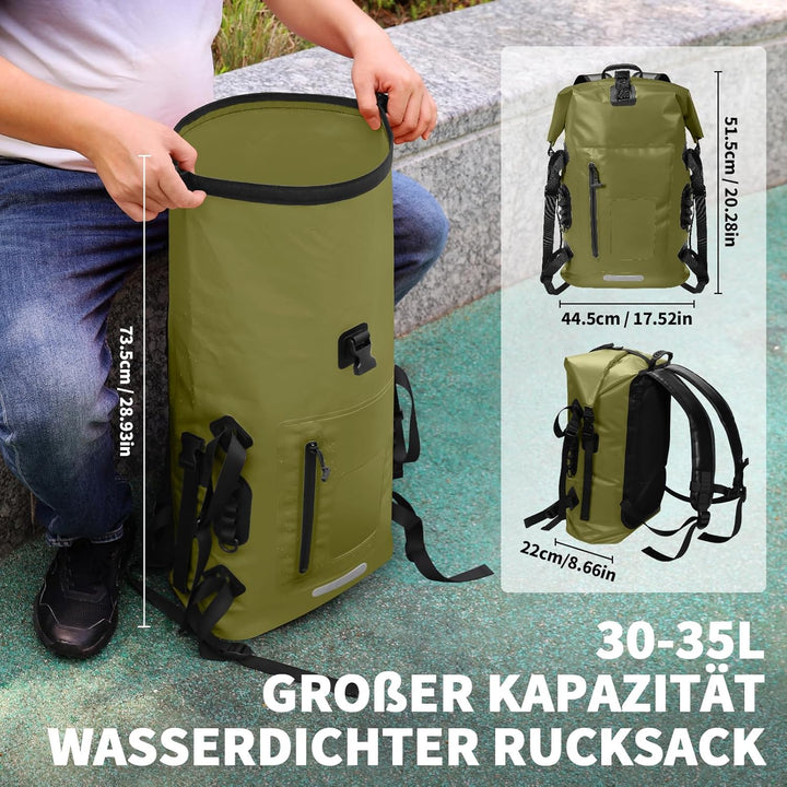 Wasserdichter Rucksack 30-35L, Rolltop Waterproof Backpack Mit Gepolstertem Tragegurt, Wasserdichtem