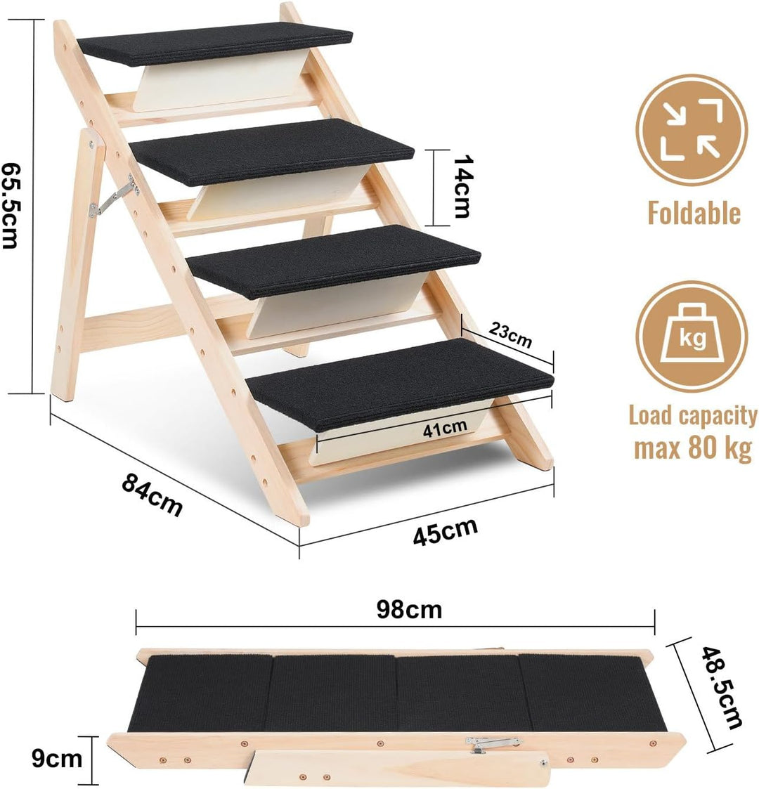 Hundetreppe 4 Stufen,2-in-1 Klappbare Hunderampe aus Holz,rutschfest mit Geringer Neigung,Haustiertr