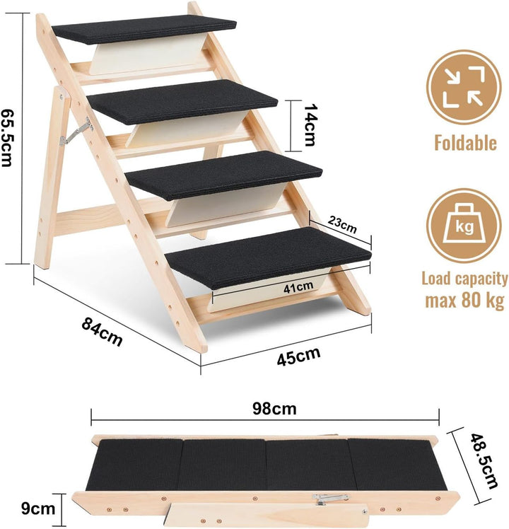 Hundetreppe 4 Stufen,2-in-1 Klappbare Hunderampe aus Holz,rutschfest mit Geringer Neigung,Haustiertr