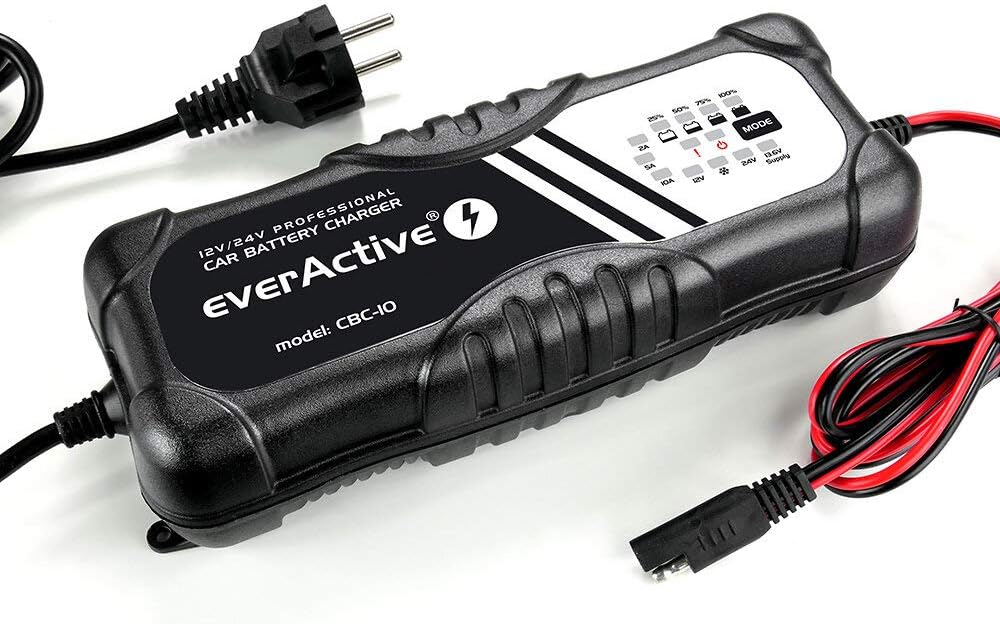 everActive KFZ Motorrad Ladegerät, 12V 24V, Spannung 10A, vollautomatisch, schnell, LED-Anzeige, Mik