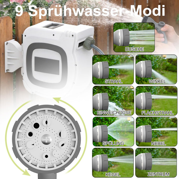 Gartenschlauch Aufroller 28+2m, Schlauchtrommel mit 10 Funktionen Handbrause & 180° Schwenkhalterung