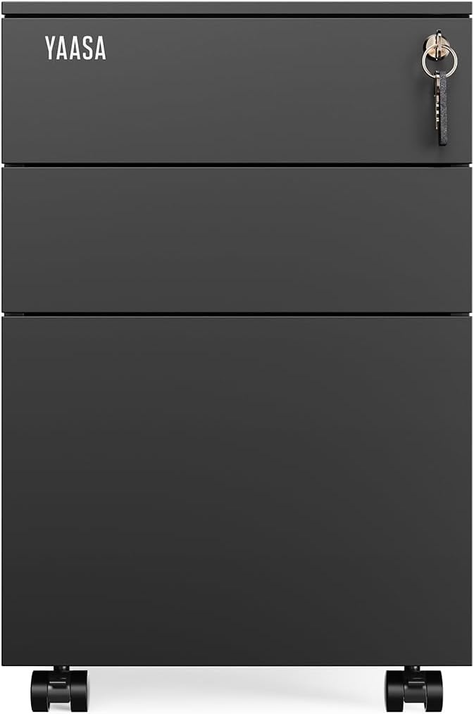 Yaasa File Cabinet Edged Standard Schwarz - Rollcontainer aus Stahl, Aktenschrank mit 3 verschliessb