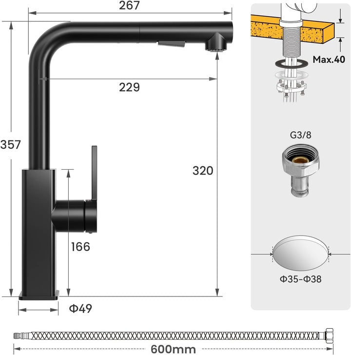 CECIPA Wasserhahn Küche Schwarz Ausziehbar, Küchenarmatur mit Brause Ausziehbar, Mischbatterie küche