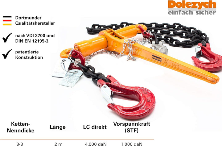 Dolezych Spannzurrkette, 1-teilig, mit DoRa Ratschlastspanner und Gabelkopfhaken. 4000 daN zulässige