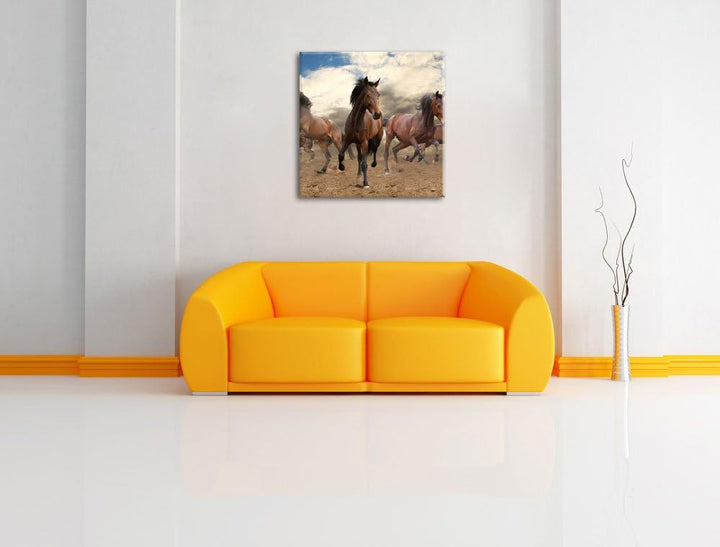 Western Pferde Cowboy, Format: 70x70 auf Leinwand, XXL riesige Bilder fertig gerahmt mit Keilrahmen,